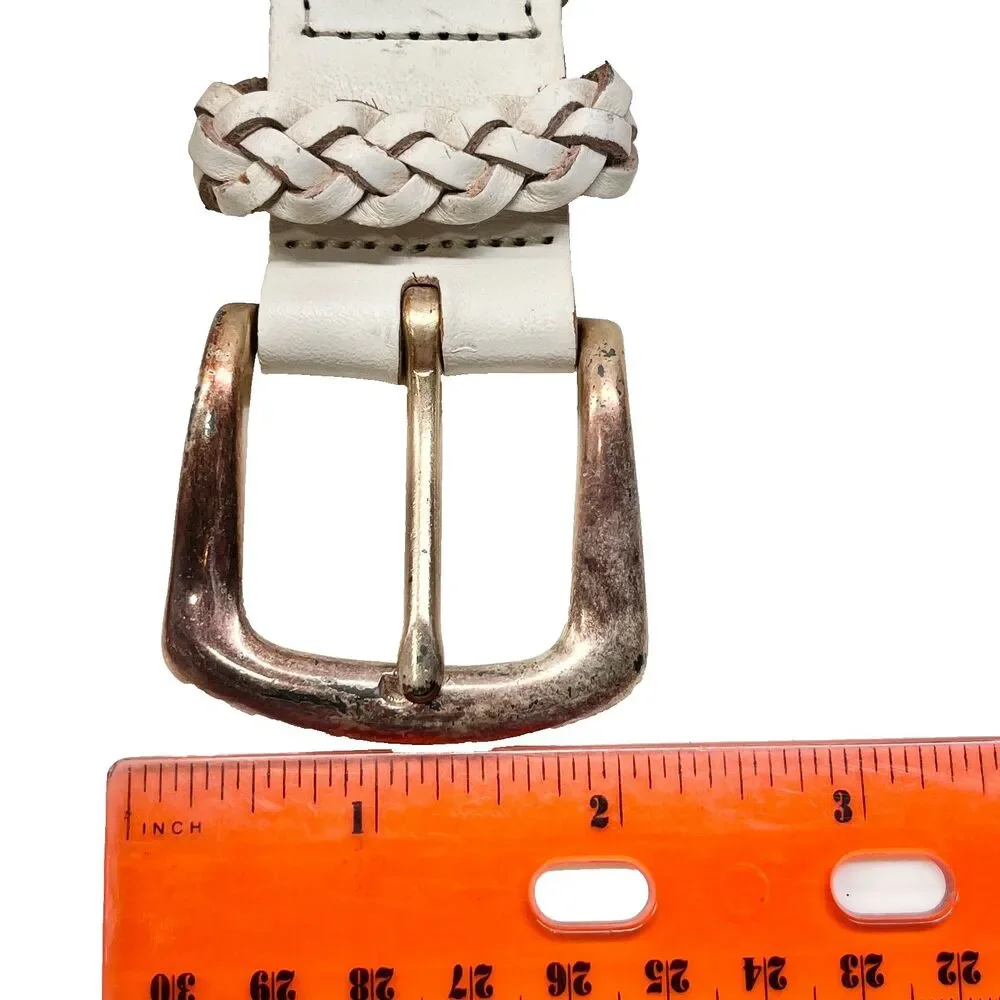 Vintage Brighton White Braided Leather Weave Belt Size S M Womens Brass Made USA